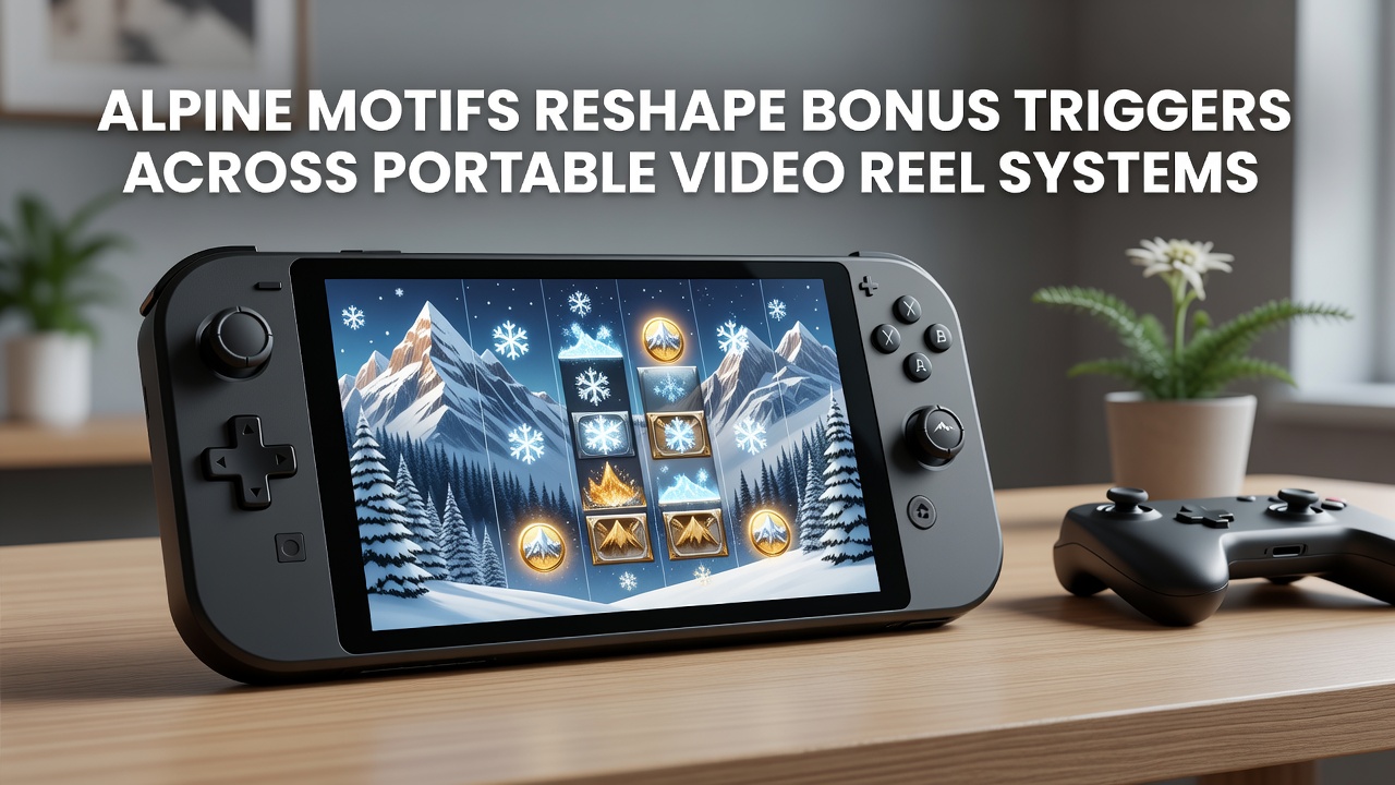 Alpine themed mobile slot interface showing bonus trigger elements with mountain peaks and reel mechanics