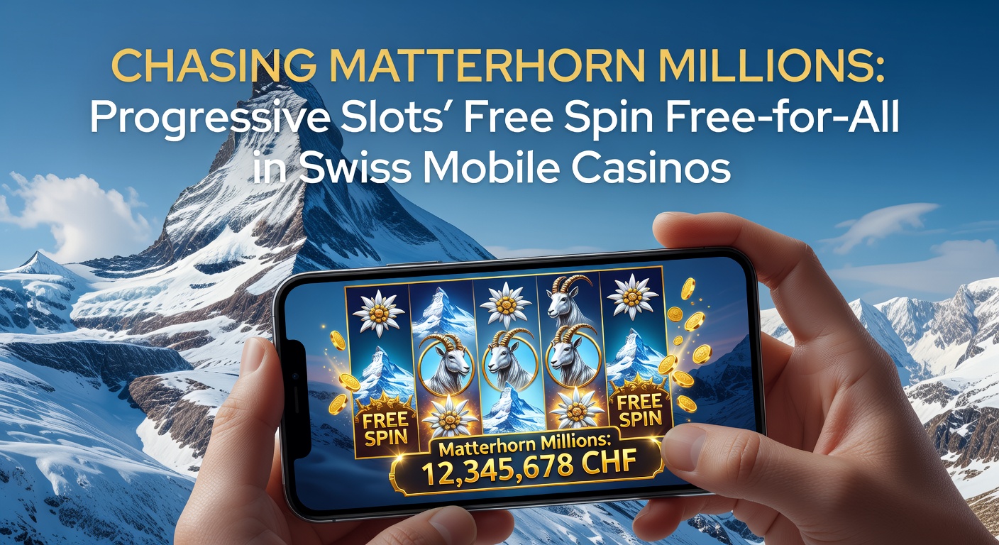 Vibrant Matterhorn-themed progressive slot screen on a mobile device, showcasing free spins and climbing jackpot meters amid alpine graphics