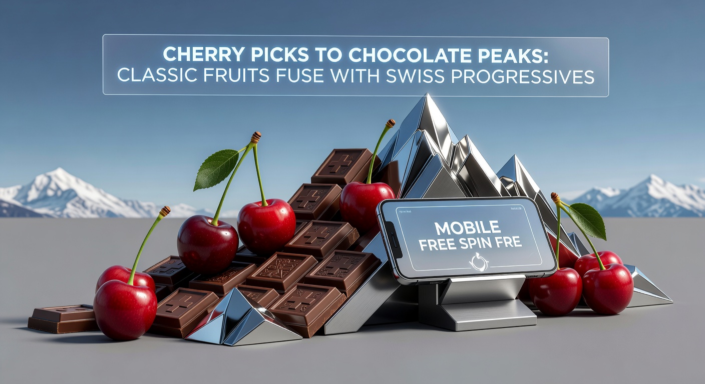 Close-up of a mobile slot frenzy with cherries exploding into chocolate waterfalls against a backdrop of progressive jackpot peaks glowing in gold