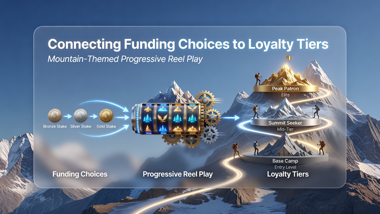 Loyalty tier progression chart overlaid on progressive reel gameplay with alpine visuals
