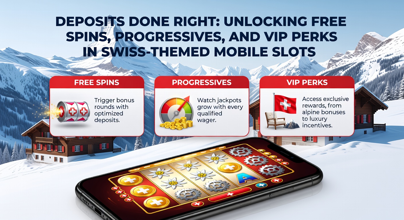 Mobile deposit screen on Swiss slots app highlighting VIP perks, progressive trackers, and free spin counters with chocolate coin symbols