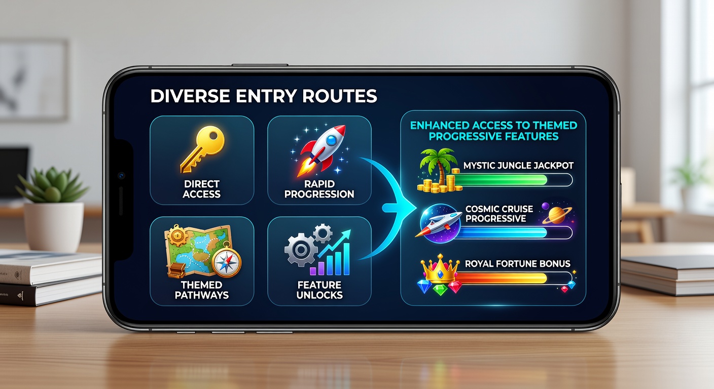 Illustration of interconnected mobile payment methods feeding into a central progressive jackpot meter with themed slot symbols