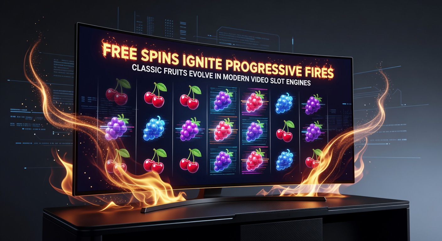 Explosive free spins activation on a progressive fruit slot, with jackpot flames rising amid cascading cherries and lemons