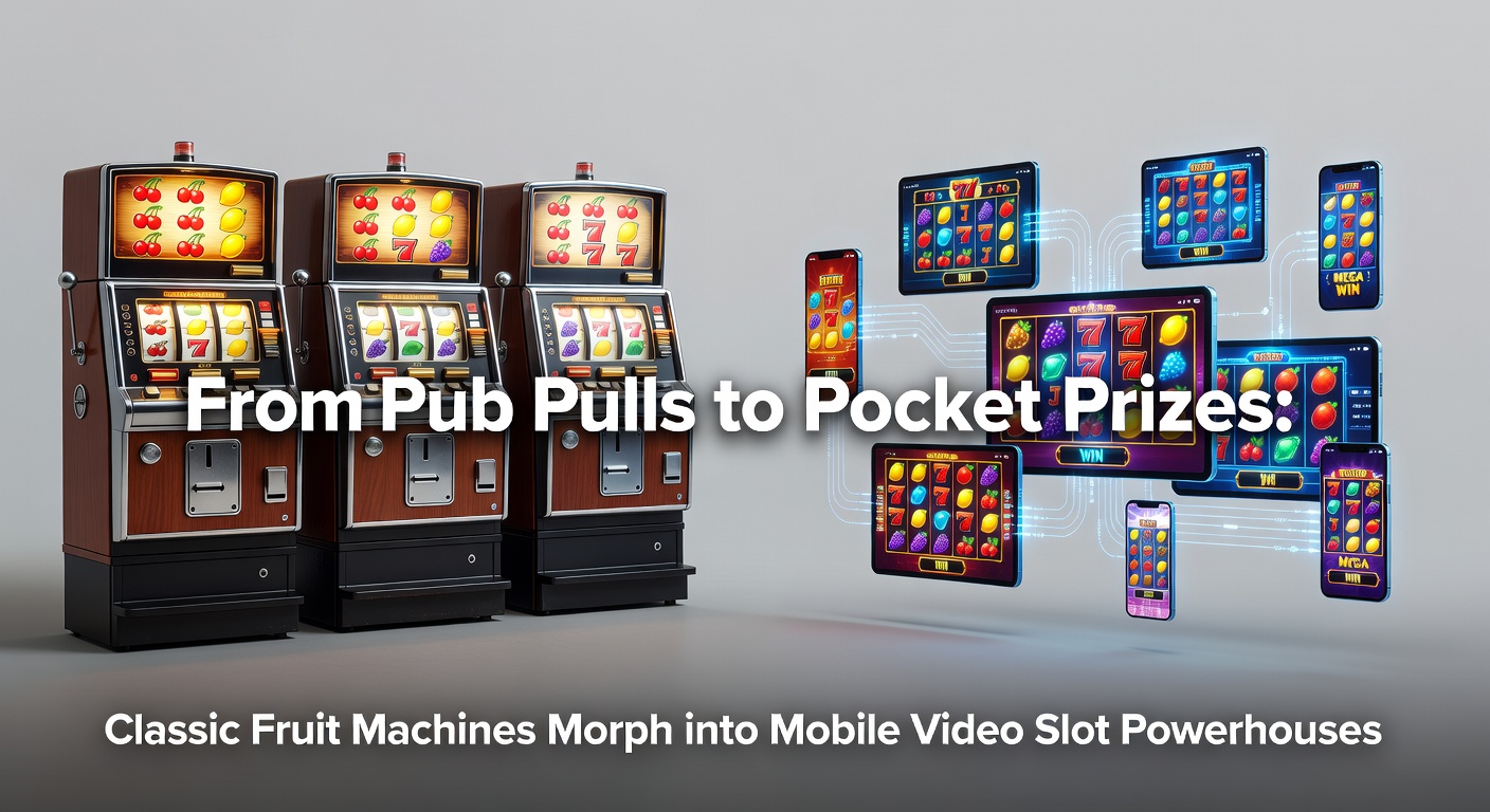 Vintage fruit machine in a bustling pub setting with colorful reels and lever pull
