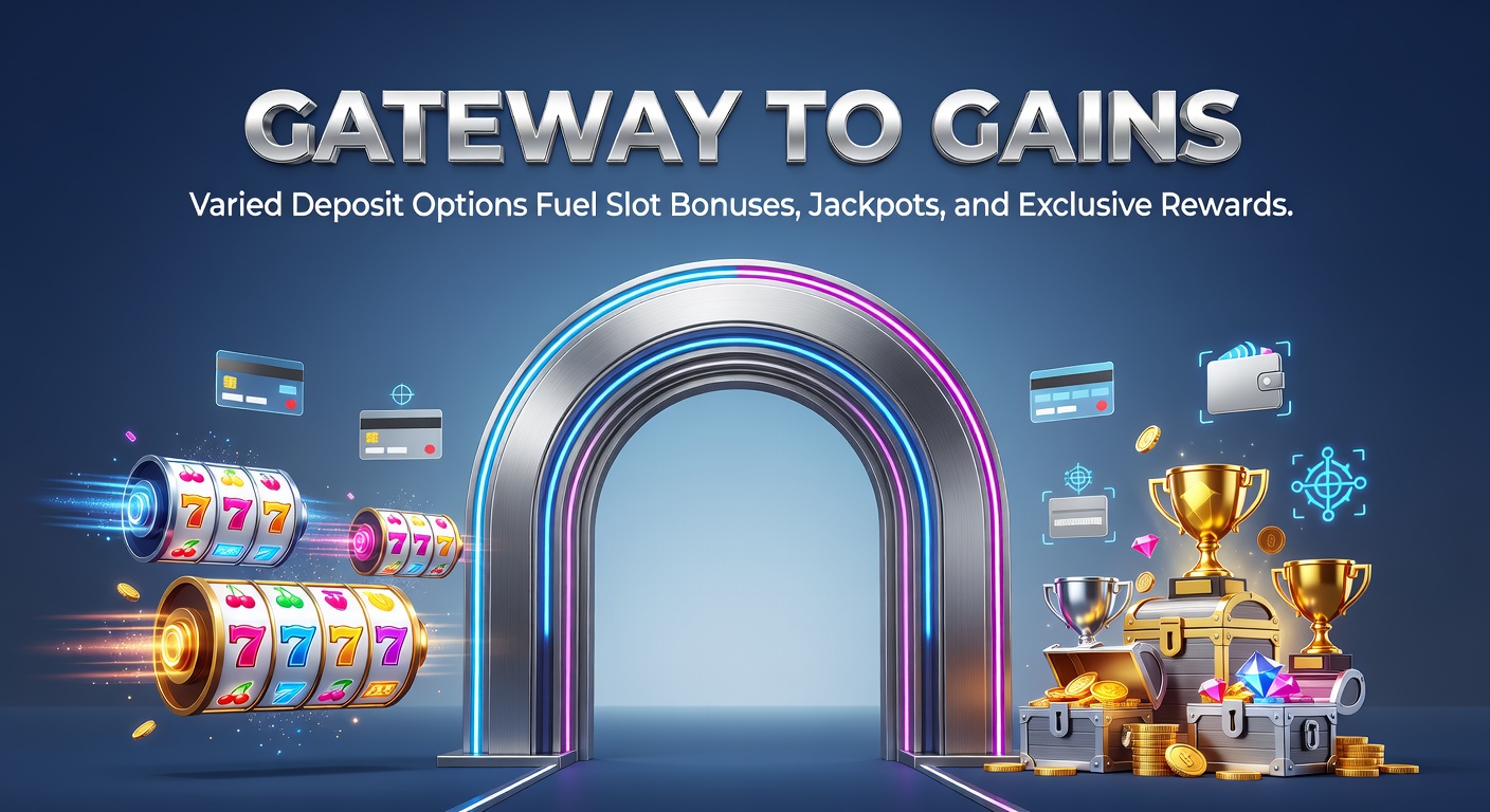 Vibrant slot machine reels spinning with glowing deposit icons like credit cards, cryptocurrencies, and e-wallets unlocking bonus cascades and jackpot meters