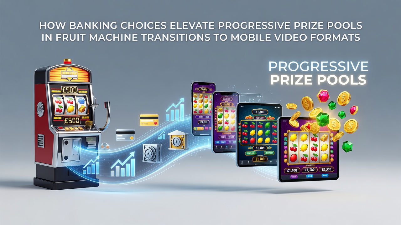 Classic fruit machine interface transitioning into a mobile video slot screen with progressive jackpot indicators