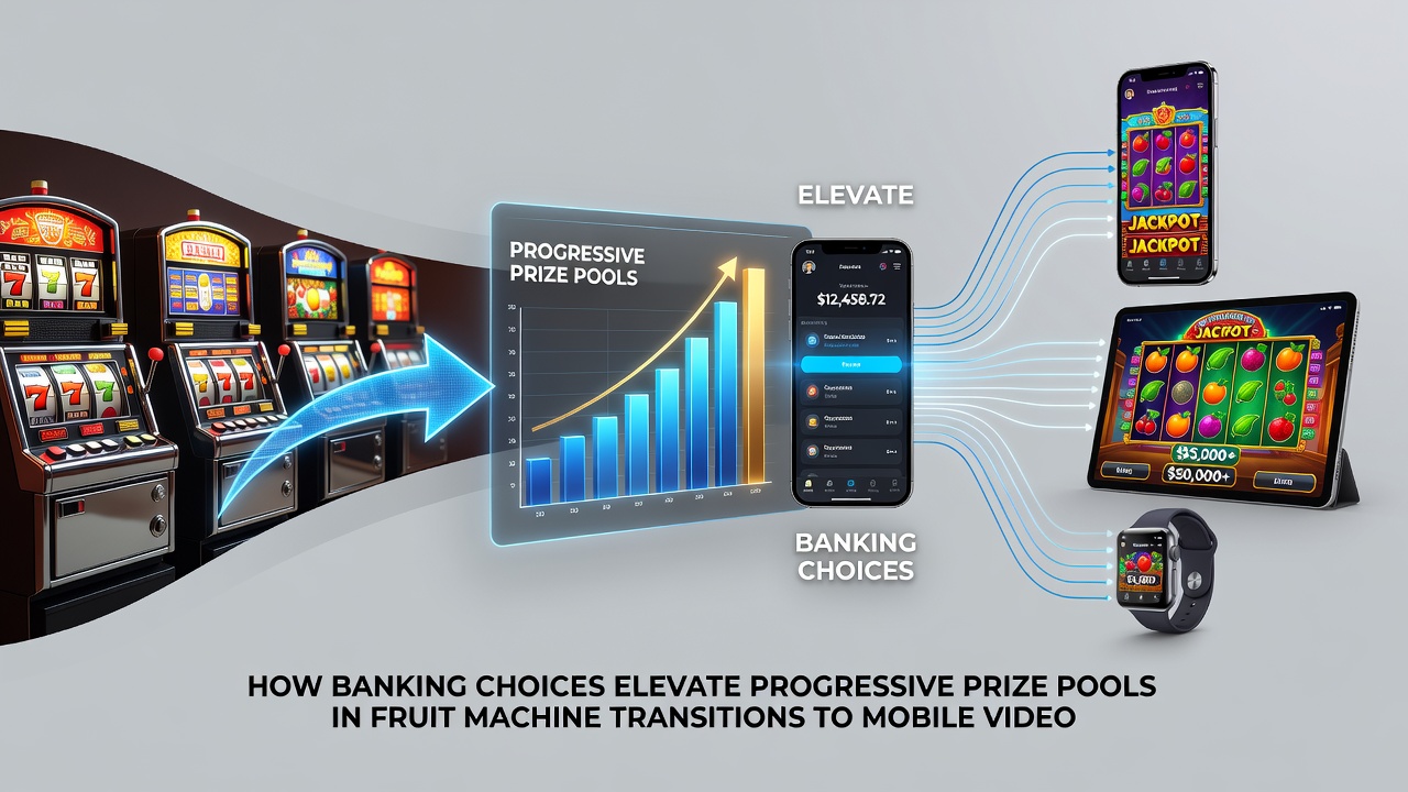 Mobile device displaying a fruit-themed video slot with visible progressive jackpot counter and banking icons