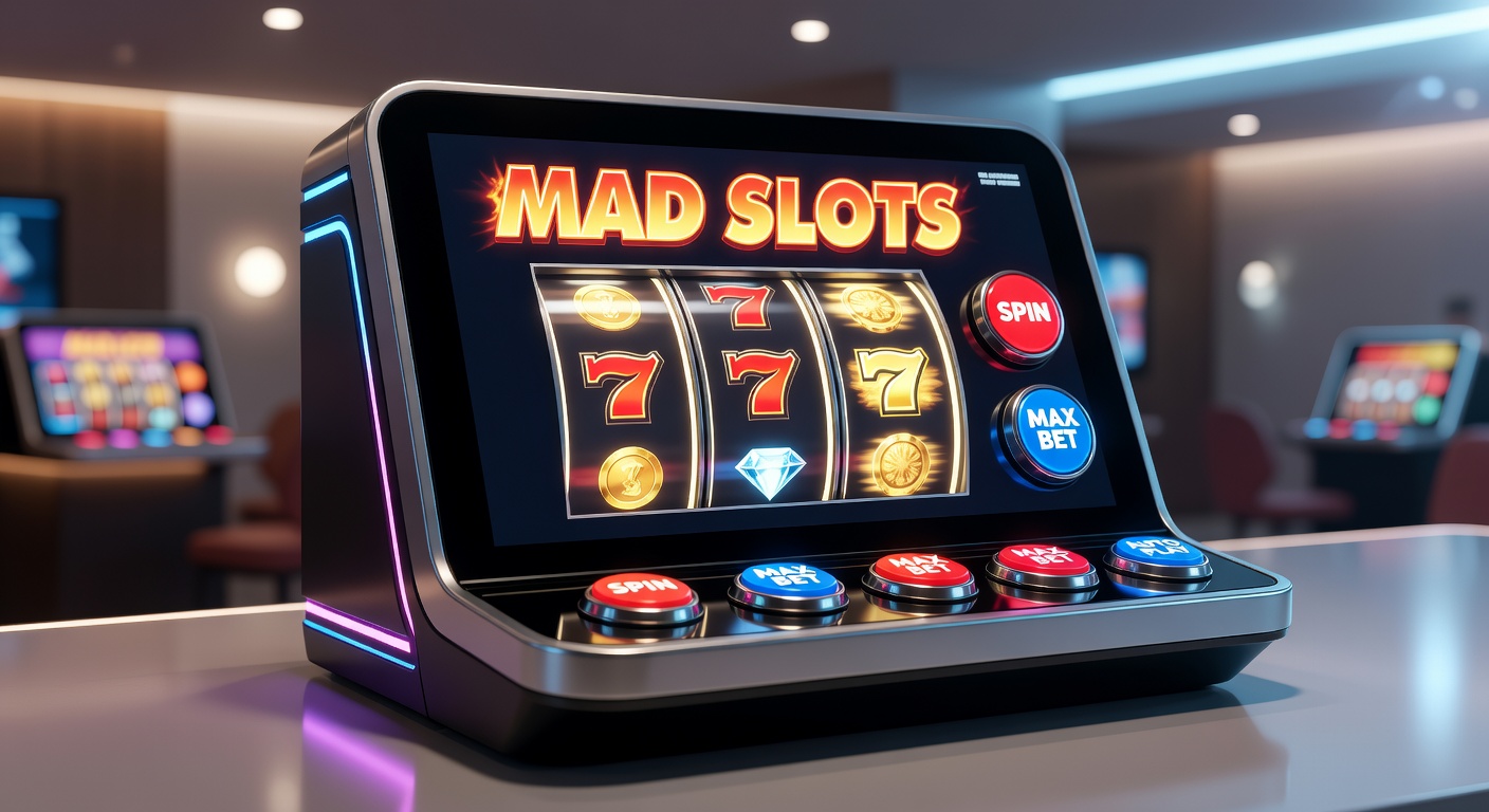 Vibrant slot reels spinning with colorful symbols and jackpot lights at Mad Slots casino