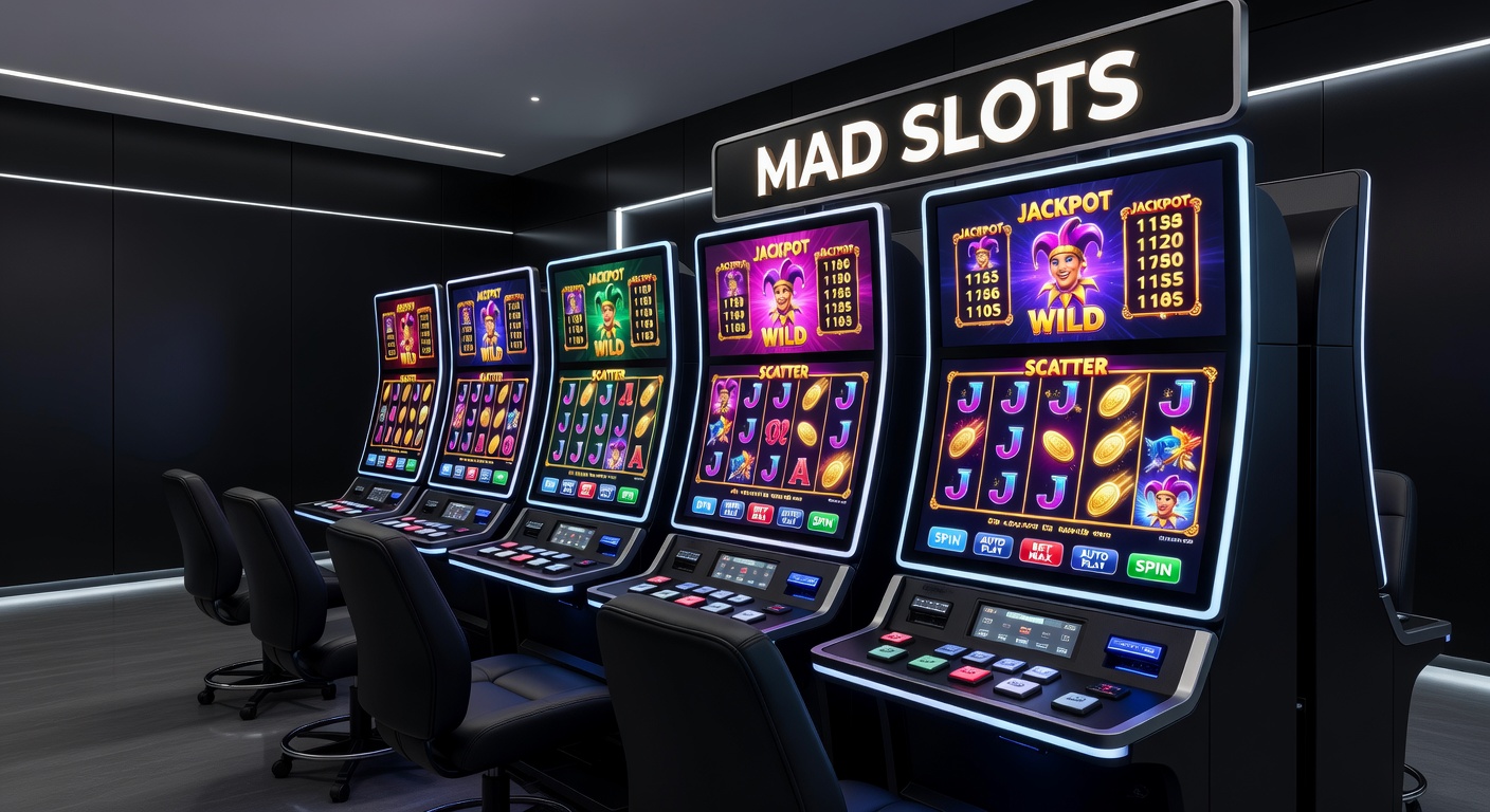 Exciting Mad Slots interface showing jackpot slots, bonus wheels, and player leaderboard