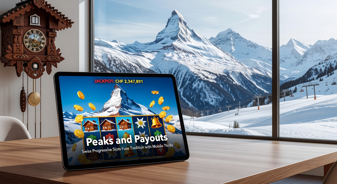 Vibrant Swiss alpine casino interior featuring glowing progressive slot machines with jackpot meters climbing high amid traditional chalet-style decor
