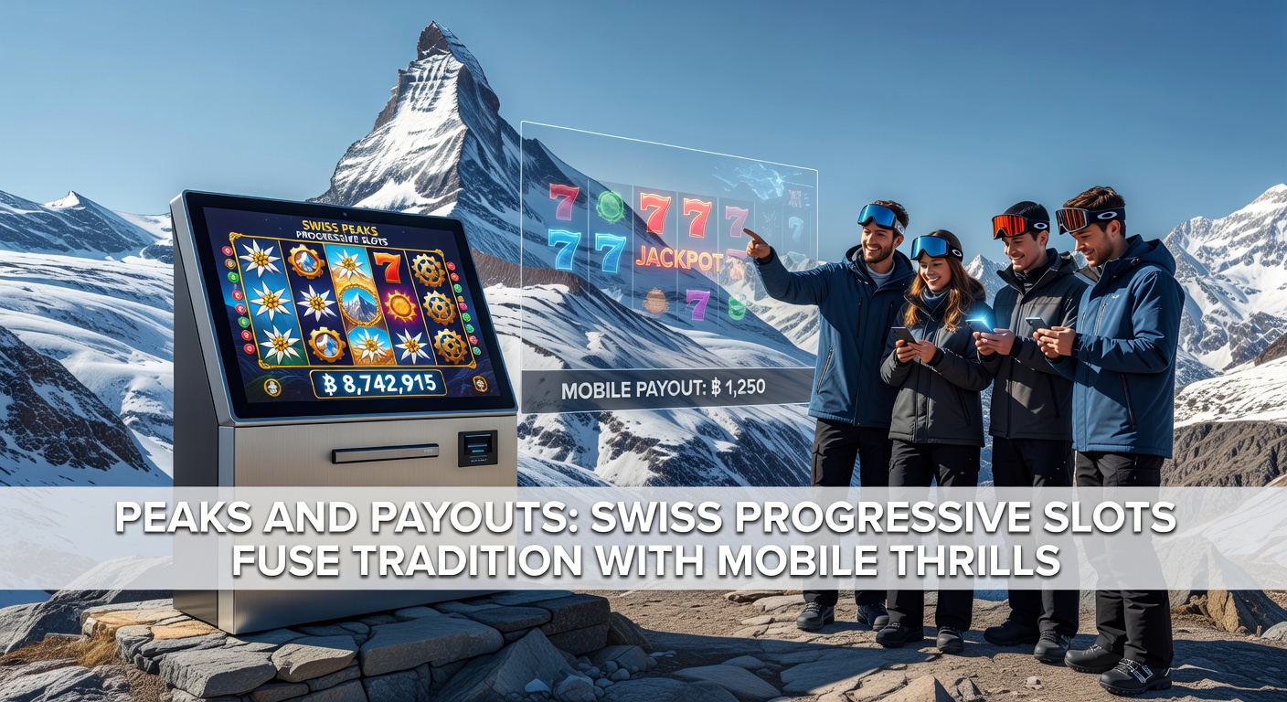 Mobile phone screen showing a Swiss progressive slot game in progress, with snowy peak graphics and a jackpot counter nearing CHF 1.5 million, held against a backdrop of Alpine scenery