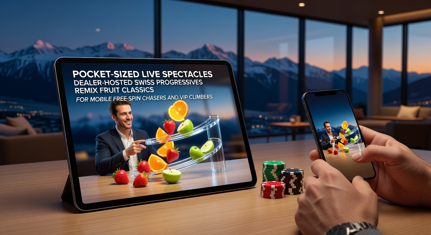 A vibrant mobile screen displaying a live dealer hosting a Swiss-themed progressive fruit slot game, with spinning reels and jackpot counters glowing in alpine blues and reds