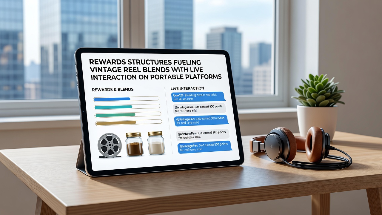 Close-up view of a tablet screen showing live interaction overlay on vintage slot reels with active reward meter