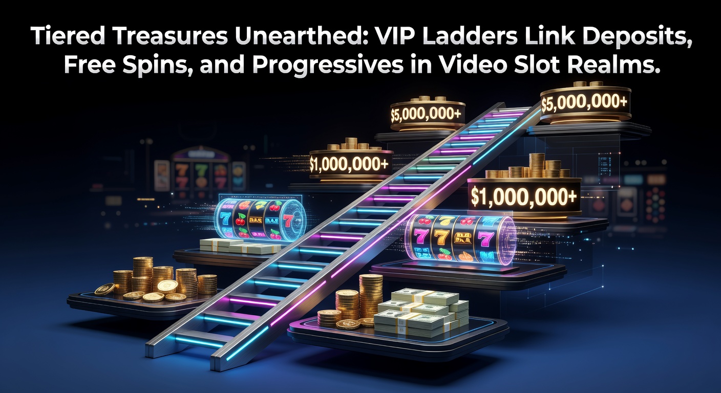 Vibrant illustration of a multi-tiered VIP ladder in a video slot game, with glowing treasures, spinning reels, and progressive jackpot meters climbing alongside deposit and free spin icons