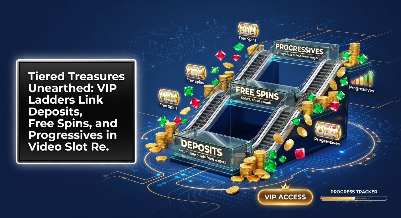 Dynamic screenshot of a video slot progressive jackpot screen showing VIP tier badges, free spin counters, and deposit-triggered treasure chests overflowing with coins