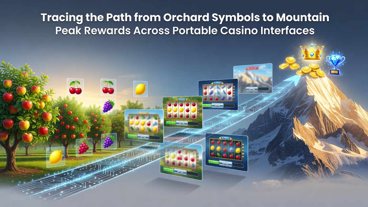 Classic orchard fruit symbols evolving into alpine mountain peak icons on mobile casino screens