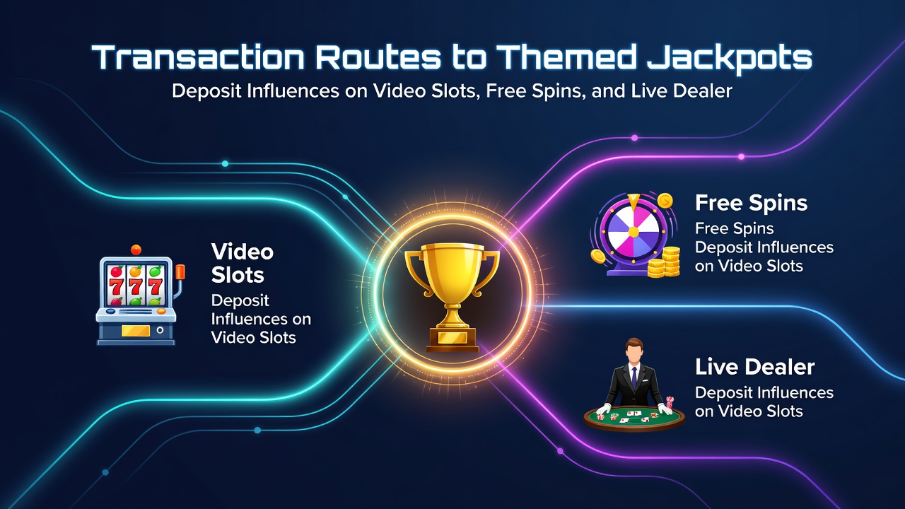 Diagram showing how free spins and live dealer rewards connect through deposit pathways to themed jackpot outcomes