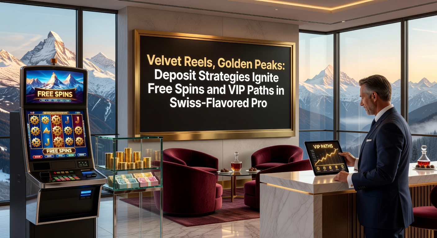Golden VIP ladder ascending Swiss peaks with free spin icons, deposit coins, and progressive jackpot meters glowing brightly