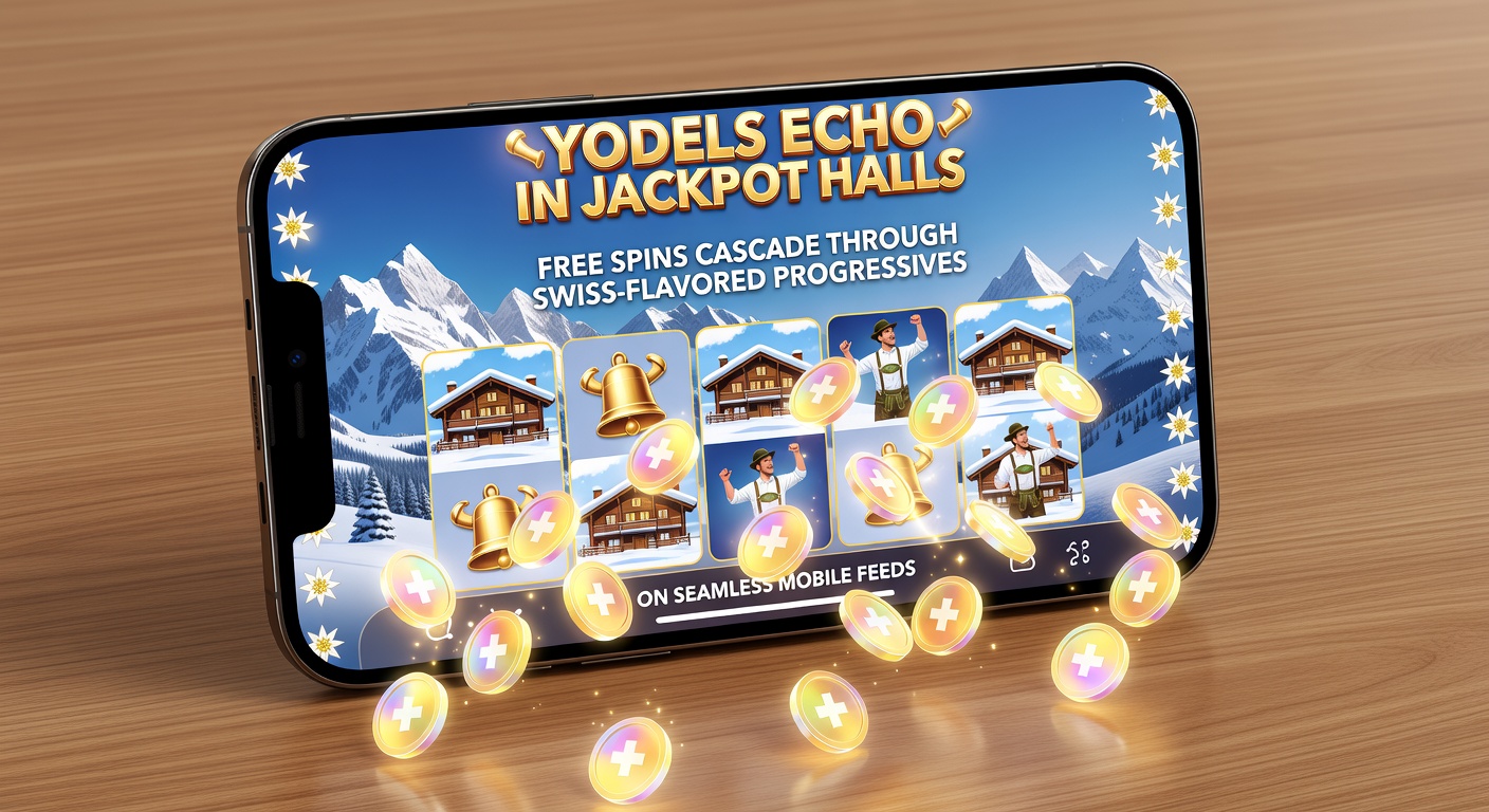 Vibrant Swiss-themed slot screen showing yodeling echoes triggering cascading free spins amid alpine peaks and progressive jackpot meters climbing high